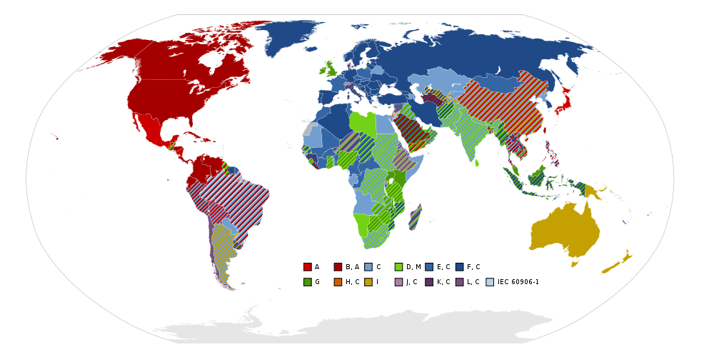 World Map - electrical plug and socket types